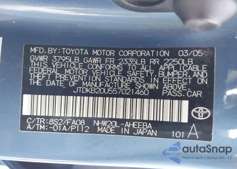 2005 Toyota Prius from USA, damaged, VIN JTDKB20U557021460